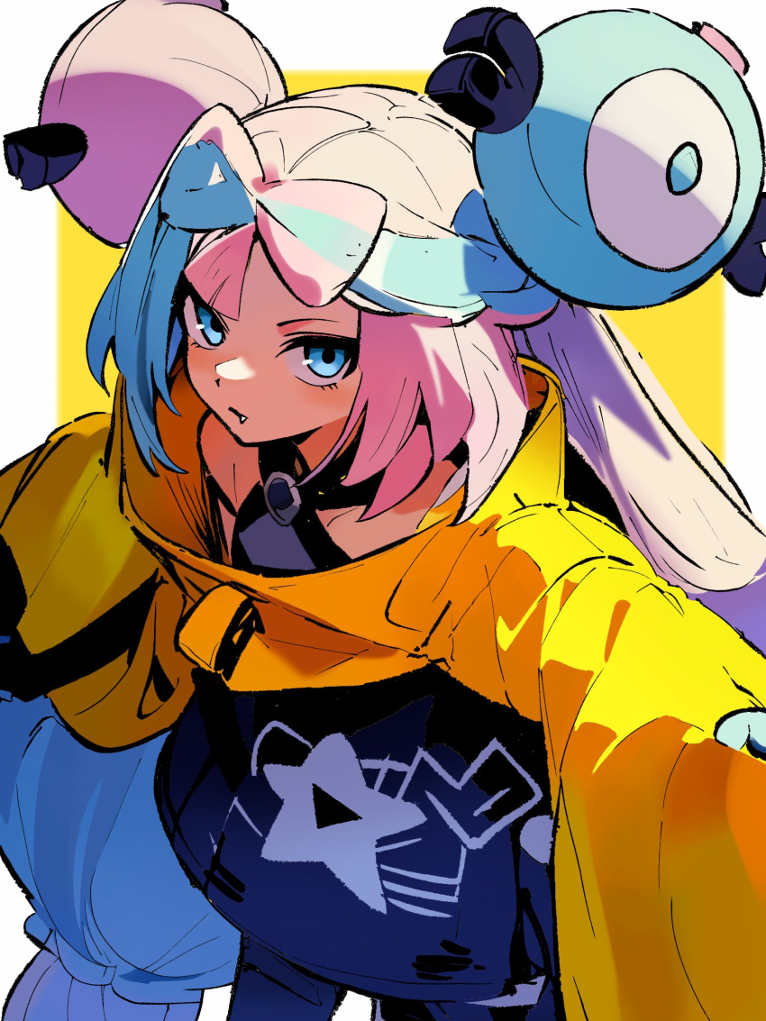 1girl aqua_eyes aqua_hair border bow-shaped_hair character_hair_ornament closed_mouth commentary_request fang fang_out grey_shirt hair_ornament highres iono_(pokemon) jacket long_hair looking_at_viewer multicolored_hair outside_border pink_hair pokemon pokemon_(game) pokemon_sv rewin_(nobabys_perfect) shirt sleeveless sleeveless_shirt solo star_(symbol) star_print two-tone_hair white_border yellow_background yellow_jacket