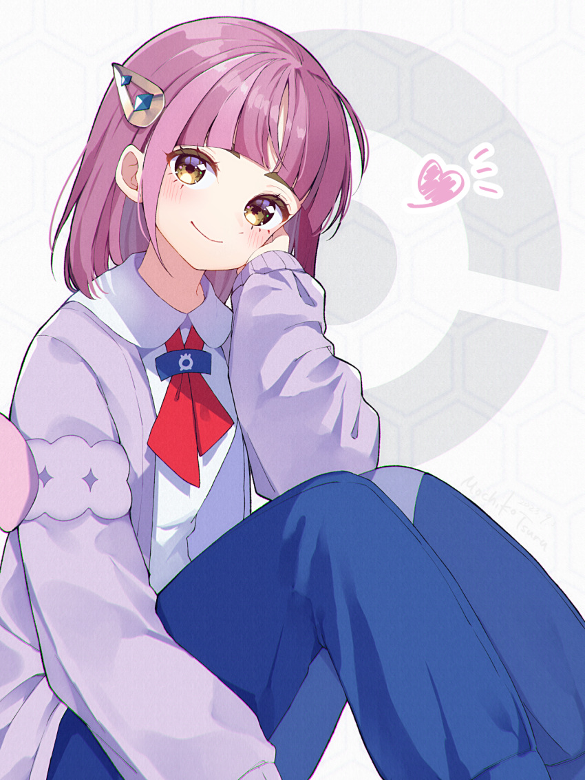 1girl arched_bangs blue_pants blush cardigan closed_mouth collared_shirt commentary_request eyelashes hair_ornament hairclip hand_up head_tilt heart highres lacey_(pokemon) long_sleeves looking_at_viewer mochiko_tsuru notice_lines pants pokemon pokemon_(game) pokemon_sv purple_cardigan purple_hair shirt smile solo white_shirt yellow_eyes