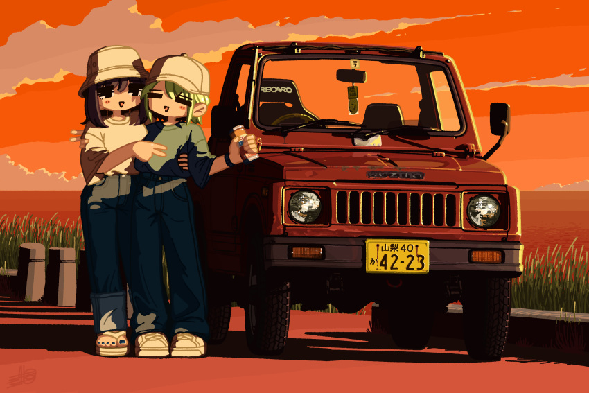 2girls =_= baseball_cap black_pants blue_nails blue_pants blush brown_footwear brown_headwear brown_shirt bucket_hat can green_hair green_shirt hair_behind_ear hand_on_another's_waist hat highres holding holding_can license_plate medium_hair multiple_girls nail_polish ocean original pants satosio shirt shirt_tucked_in shoes short_hair smile sneakers sports_utility_vehicle sunset suzuki_(company) suzuki_jimny toenail_polish toenails v vehicle_focus