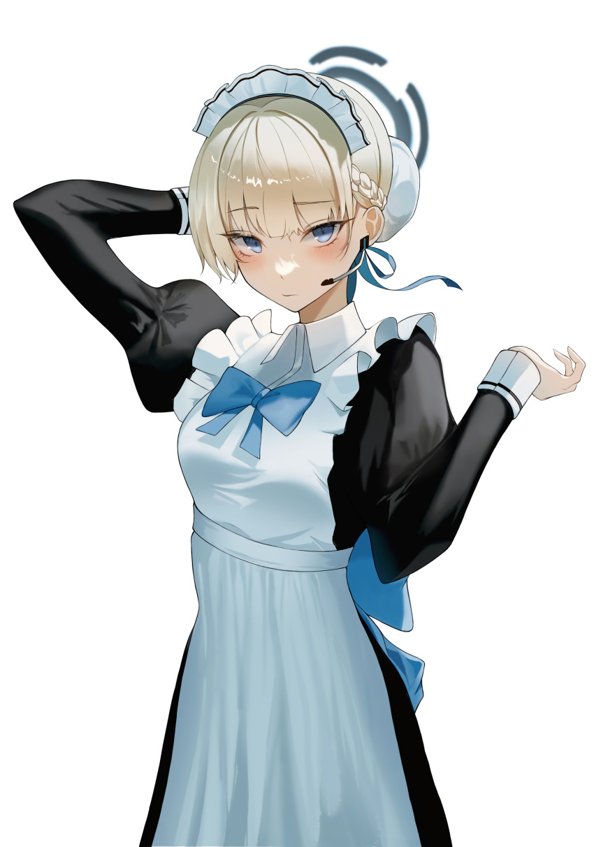 1girl absurdres apron arm_up black_dress bllustration blonde_hair blue_archive blue_eyes blue_halo blue_ribbon blush braid bun_cover closed_mouth commentary cowboy_shot dress earpiece french_braid halo hand_up highres juliet_sleeves long_sleeves looking_at_viewer maid maid_apron maid_headdress puffy_sleeves ribbon short_hair simple_background solo standing toki_(blue_archive) white_apron white_background