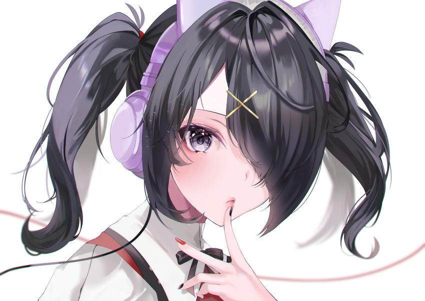 1girl absurdres ame-chan_(needy_girl_overdose) animal_ear_headphones animal_ears black_eyes black_hair black_nails black_ribbon blush cat_ear_headphones closed_mouth collar collared_shirt commentary_request fake_animal_ears finger_to_mouth hair_ornament hair_over_one_eye hair_tie hairclip hand_up headphones highres long_hair looking_at_viewer multicolored_nails nail_polish neck_ribbon needy_girl_overdose ozawa_(tuna_316) red_nails red_shirt ribbon shirt simple_background solo twintails upper_body white_background white_collar x_hair_ornament