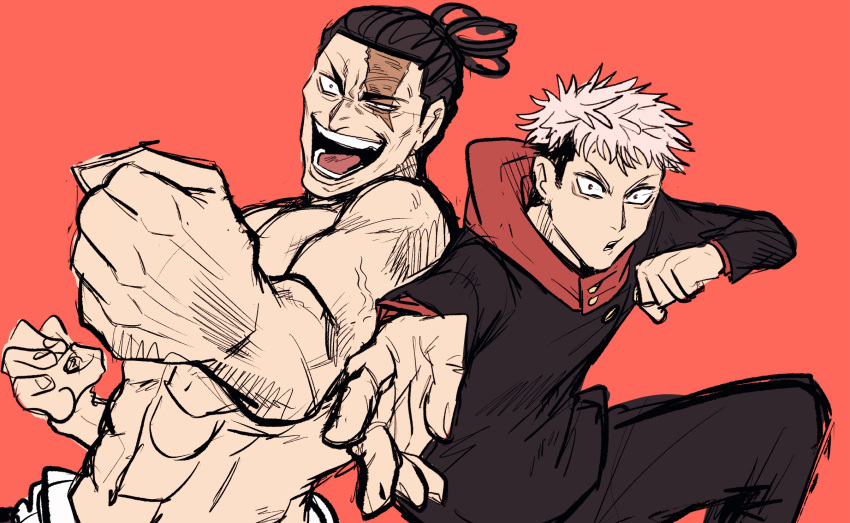 2boys black_hair couple fighting_stance highres incoming_attack incoming_punch itadori_yuuji jujutsu_kaisen male_focus mitinobanana multiple_boys muscular muscular_male outstretched_arm pectorals punching scar scar_across_eye short_hair side-by-side sideburns topless_male toudou_aoi_(jujutsu_kaisen) undercut unfinished