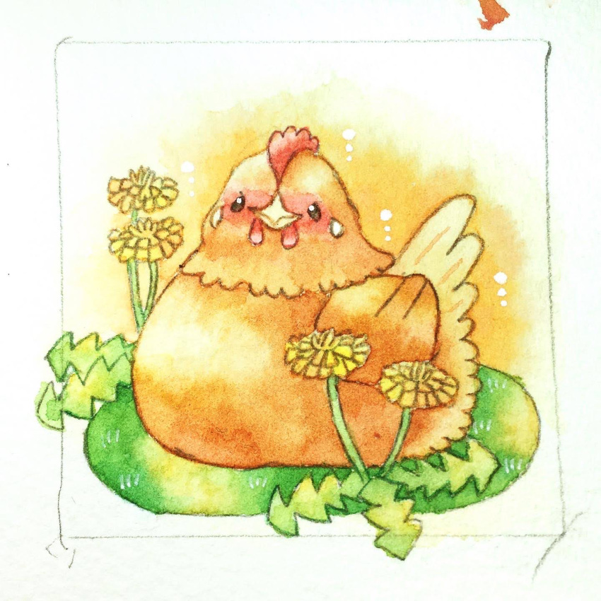 animal animal_focus bird black_eyes border brown_feathers chako_(parusminor30) chicken closed_mouth dandelion feathers flower highres no_humans on_grass original painting_(medium) sitting solo traditional_media watercolor_(medium) white_border