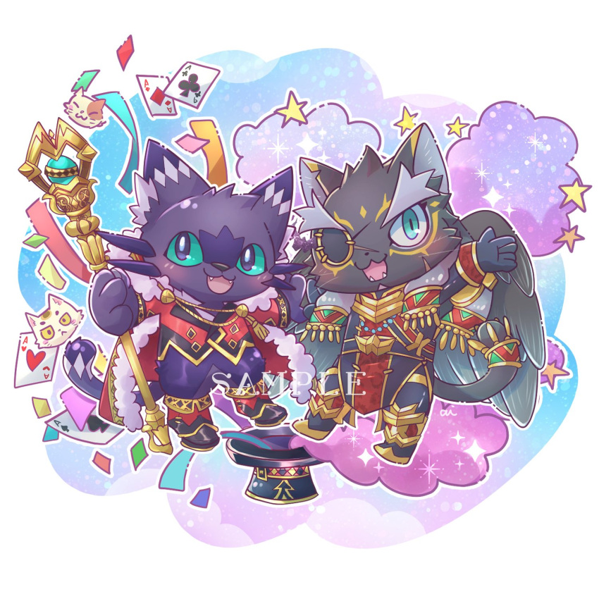 2boys ai_(alli_paeonia) animal_ears black_fur border cait_sith_(housamo) cane cape card cat cat_boy cat_ears cat_tail clouds colored_sclera commentary_request confetti eyepatch fangs feathered_wings flaming_eye forked_eyebrows full_body fur-trimmed_cape fur_trim furry furry_male green_eyes green_sclera hat highres holding holding_cane jaguar_boy jaguar_ears jaguar_tail long_hair magic_trick male_focus multiple_boys one_eye_covered open_mouth outline outstretched_arm pelvic_curtain playing_card purple_fur red_cape sample_watermark smile sparkle star_(symbol) tail tezcatlipoca_(housamo) thick_eyebrows tokyo_afterschool_summoners top_hat white_border white_outline wings