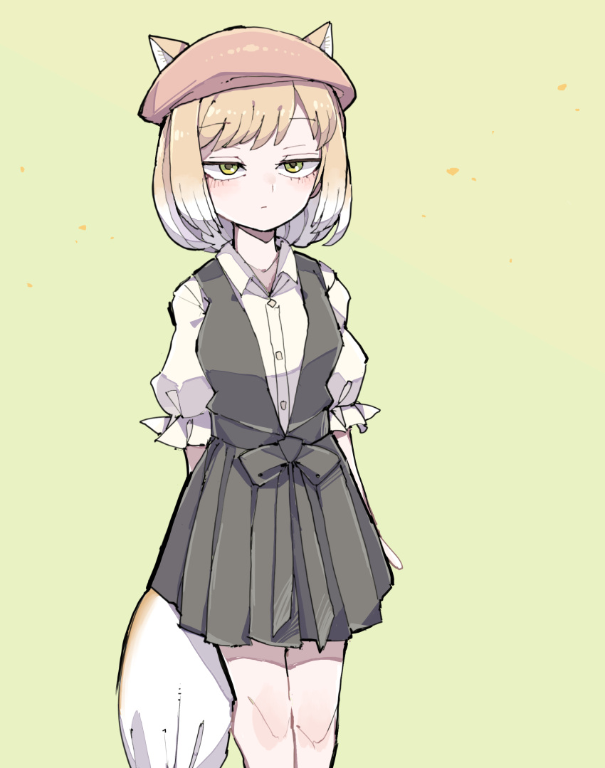 1girl absurdres animal_ears blush brown_eyes brown_hair closed_mouth expressionless fox_ears fox_girl fox_tail highres kanmoku-san kemono_friends looking_at_viewer multicolored_hair pleated_skirt puffy_short_sleeves puffy_sleeves short_hair short_sleeves skirt solo tail tibetan_fox_(kemono_friends) white_hair