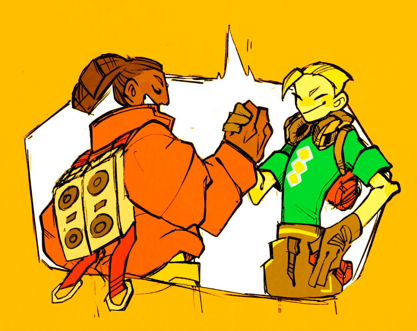 2boys ^_^ bomb_rush_cyberfunk braid brown_gloves brown_hair brown_pants chain closed_eyes commentary_request cropped_torso dark-skinned_male dark_skin donsoku_komagome_pipette faux_(bomb_rush_cyberfunk) gloves green_shirt grin hand_on_own_hip happy headphones headphones_around_neck highres jacket jetpack male_focus multiple_boys orange_background pants red_jacket shirt simple_background sleeves_rolled_up smile speaker t-shirt tryce_(bomb_rush_cyberfunk) twin_braids u_u yellow_shirt