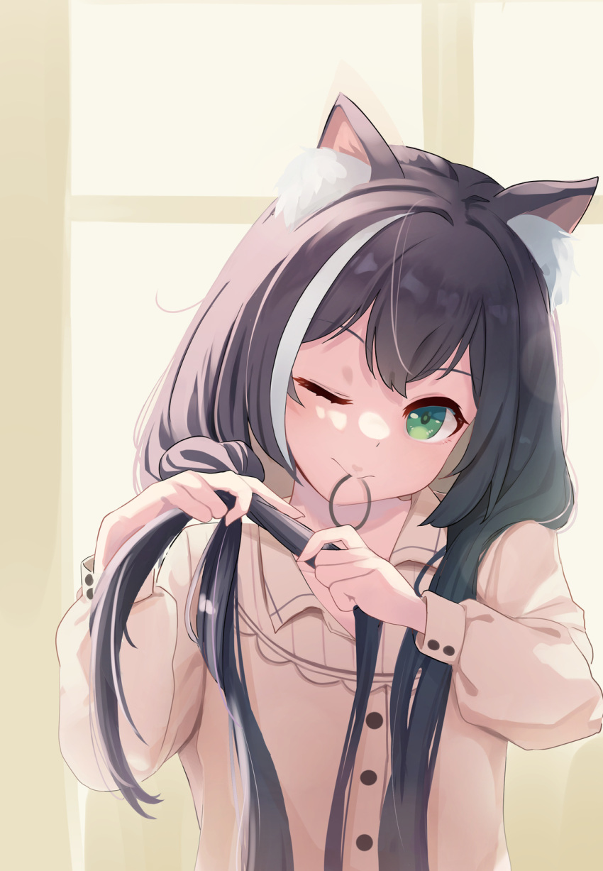 1girl animal_ear_fluff animal_ears black_hair blurry blurry_background brown_shirt cat_ears closed_mouth collared_shirt green_eyes hair_tie hair_tie_in_mouth highres karyl_(princess_connect!) long_hair long_sleeves looking_at_viewer mouth_hold multicolored_hair one_eye_closed pajamas princess_connect! shijima_(shizima_03) shirt solo streaked_hair tying_hair upper_body window