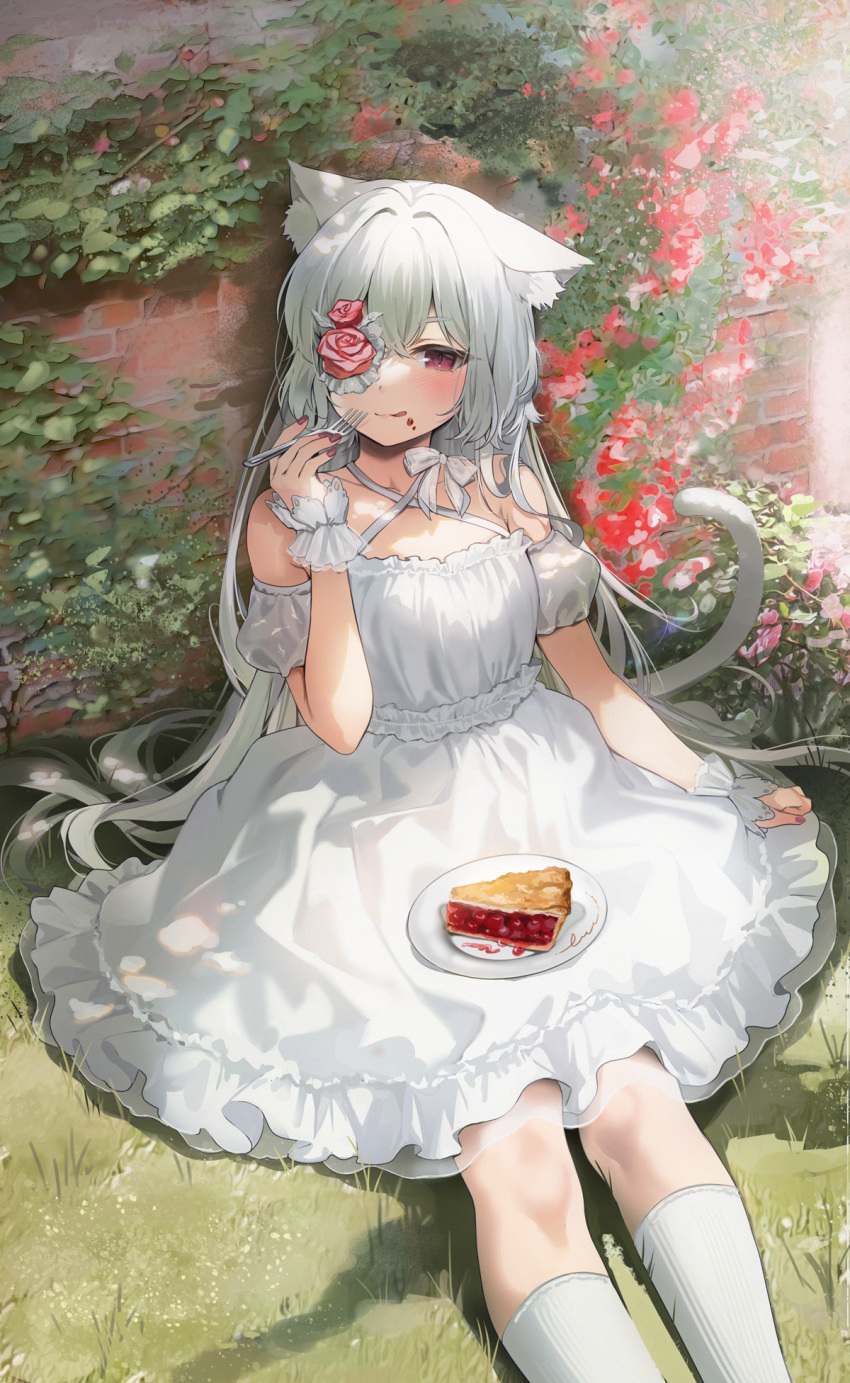 1girl animal_ear_fluff animal_ears arm_up bare_shoulders bow cake cat_ears cat_girl cat_tail closed_mouth detached_sleeves dress eyepatch flower flower_eyepatch food food_on_face fork frilled_dress frills gijang highres holding holding_fork kneehighs looking_at_viewer original outdoors pink_flower pink_rose plate puffy_short_sleeves puffy_sleeves rose scrunchie short_sleeves sitting sleeveless sleeveless_dress socks solo sunlight tail tongue tongue_out violet_eyes white_bow white_dress white_hair white_scrunchie white_socks wrist_scrunchie