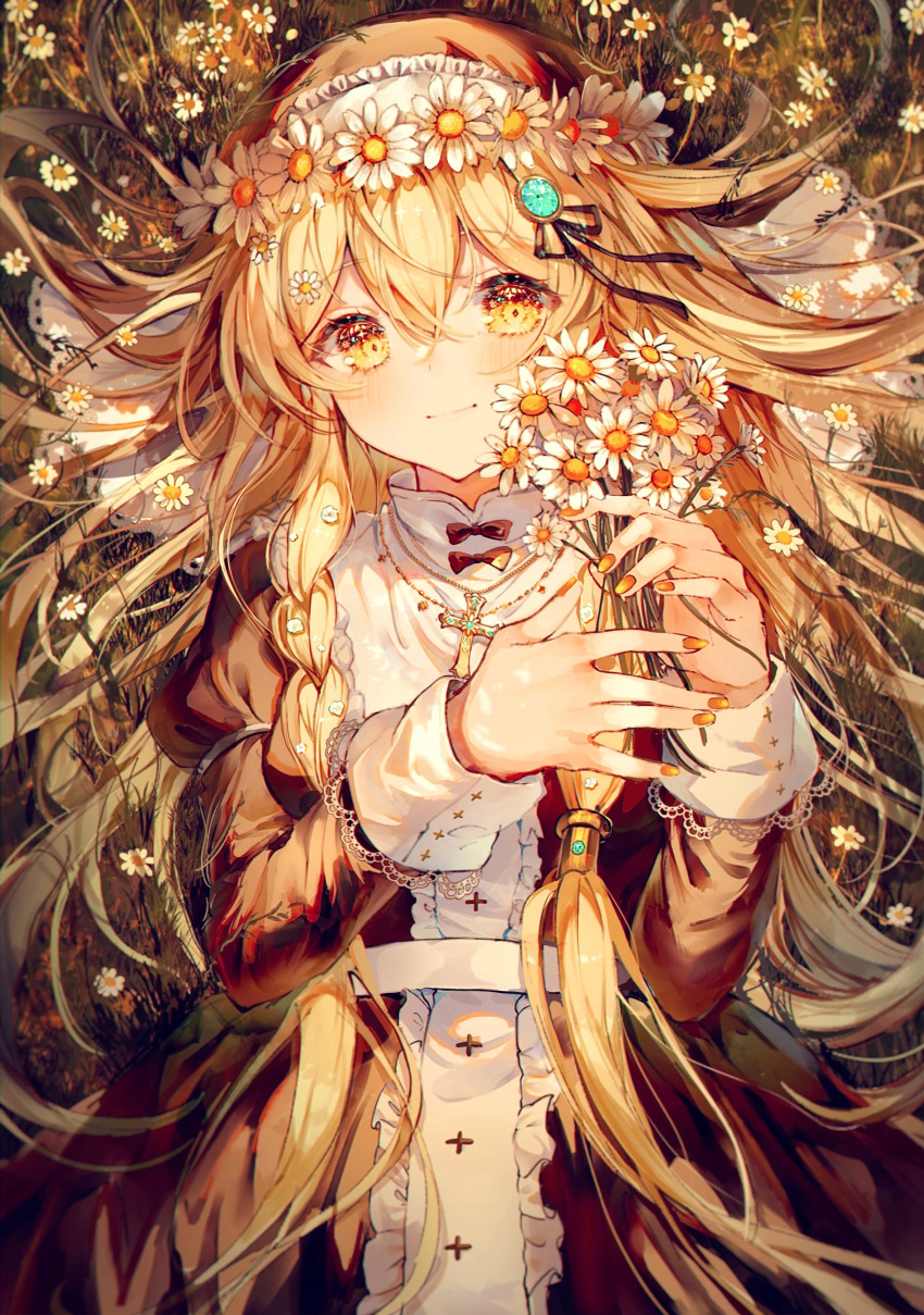1girl absurdres bow braid cross cross_necklace daisy flower gem hair_ornament head_wreath highres jewelry lace-trimmed_sleeves lace_trim long_sleeves lying necklace noyu_(noyu23386566) on_back on_grass orange_eyes orange_hair orange_nails original solo