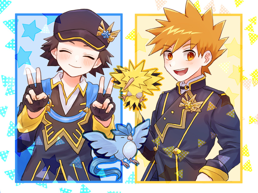 2boys :d articuno blue_oak blue_oak_(champion) blush brown_hair chibi chibi_inset closed_eyes closed_mouth collared_shirt commentary_request double_v facing_viewer fingerless_gloves gloves hands_up hat highres jacket long_sleeves male_focus mochi_(mocchi_p_2m) multiple_boys official_alternate_costume open_mouth pokemon pokemon_(game) pokemon_masters_ex red_(champion)_(pokemon) red_(pokemon) shirt short_hair smile spiky_hair star_(symbol) teeth tongue upper_teeth_only v white_shirt zapdos