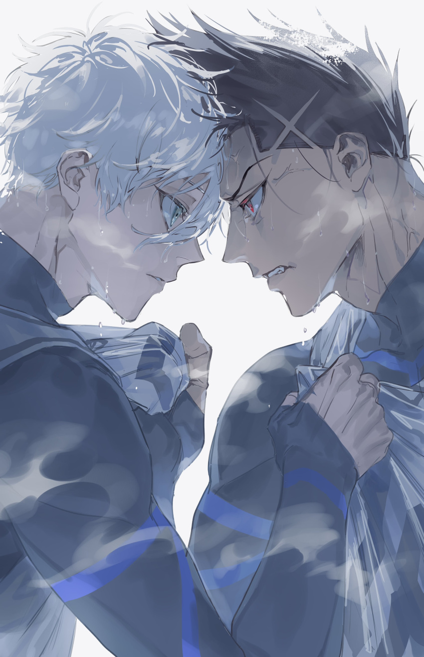 2boys absurdres anger_vein barou_shouei black_hair blue_lock bomber_tarou clenched_teeth clothes_pull face-to-face fang grey_eyes heads_together highres male_focus multiple_boys muscular muscular_male nagi_seishirou parted_lips red_eyes serious shirt_pull short_hair simple_background soccer_uniform sportswear sweat sweatdrop teeth upper_body white_background white_hair