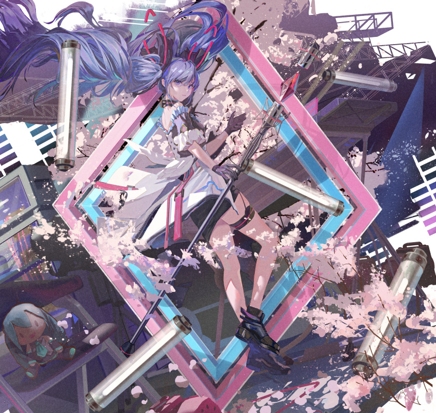 1girl absurdres bare_shoulders black_gloves blue_eyes blue_hair building character_doll cherry_blossoms diamond_(shape) gloves hair_ornament happopitoisuus hatsune_miku highres microphone shoes solo twintails vocaloid