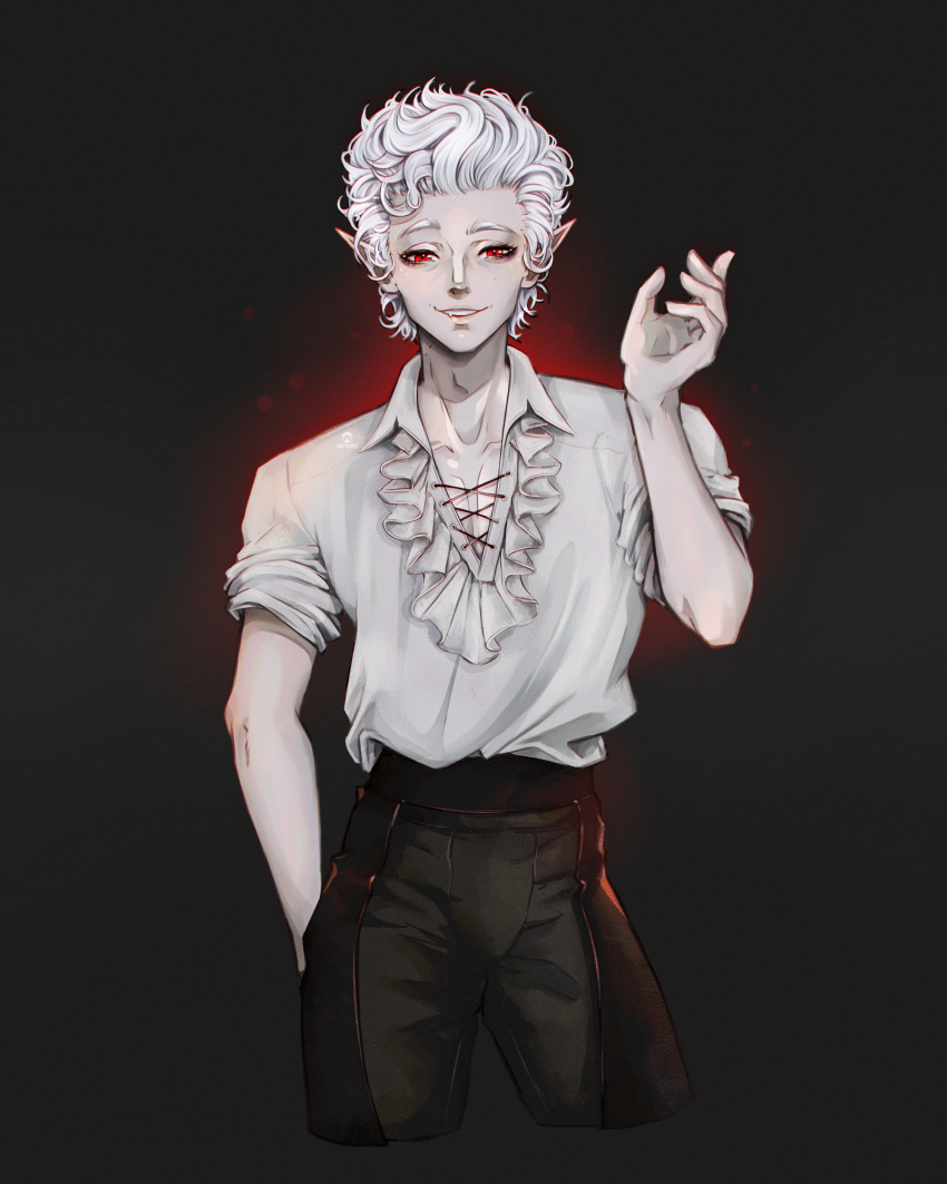 1boy :d absurdres astarion_(baldur's_gate) baldur's_gate baldur's_gate_3 bite_mark bite_mark_on_neck black_pants chromatic_aberration collarbone collared_shirt contrapposto cowboy_shot dark_background dungeons_and_dragons english_commentary fang frilled_shirt frills glowing grin half-closed_eyes hand_up highres lace-up_top lips male_focus max_art149 pale_skin pants pectoral_cleavage pectorals pointy_ears red_eyes shirt shirt_tucked_in short_hair sleeves_pushed_up slit_pupils smile smirk solo standing taut_clothes taut_pants vampire wavy_hair white_hair white_shirt