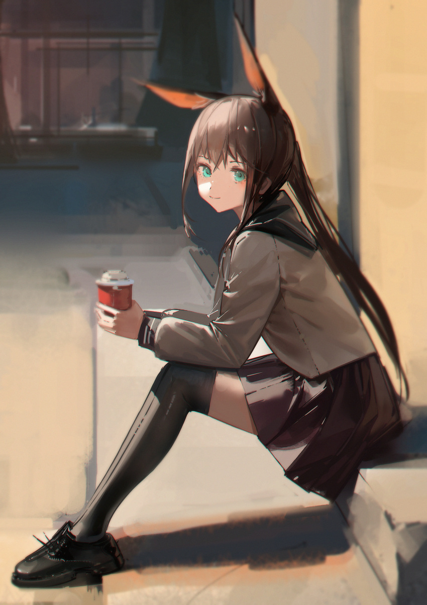 1girl absurdres amiya_(arknights) animal_ears aqua_eyes arknights black_footwear black_thighhighs blush boboyo brown_hair brown_skirt closed_mouth commentary_request cup from_side full_body grey_shirt highres holding holding_cup knees_up long_hair long_sleeves looking_at_viewer looking_to_the_side pleated_skirt ponytail puffy_long_sleeves puffy_sleeves rabbit_ears shirt shoes skirt smile solo thigh-highs very_long_hair
