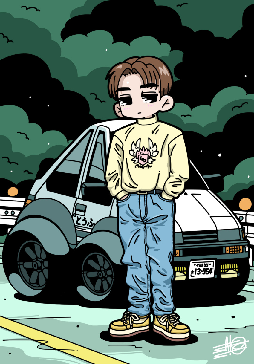 1boy belt black_belt black_eyes blue_pants brown_hair car chibi choro-q denim derivative_work expressionless forest fujiwara_takumi fujiwara_takumi's_toyota_trueno_ae86 hair_behind_ear hands_in_pockets highres initial_d jeans license_plate looking_to_the_side male_focus motor_vehicle nature pants parody parted_bangs road satosio shoes signature sneakers solo style_parody sweater toyota toyota_sprinter_trueno yellow_footwear yellow_sweater