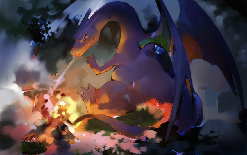 animal_focus black_eyes breathing_fire bright_pupils campfire charizard claws closed_mouth dragon faux_traditional_media fire flame-tipped_tail no_humans nostrils pokemon pokemon_(creature) solo toiku white_pupils wings