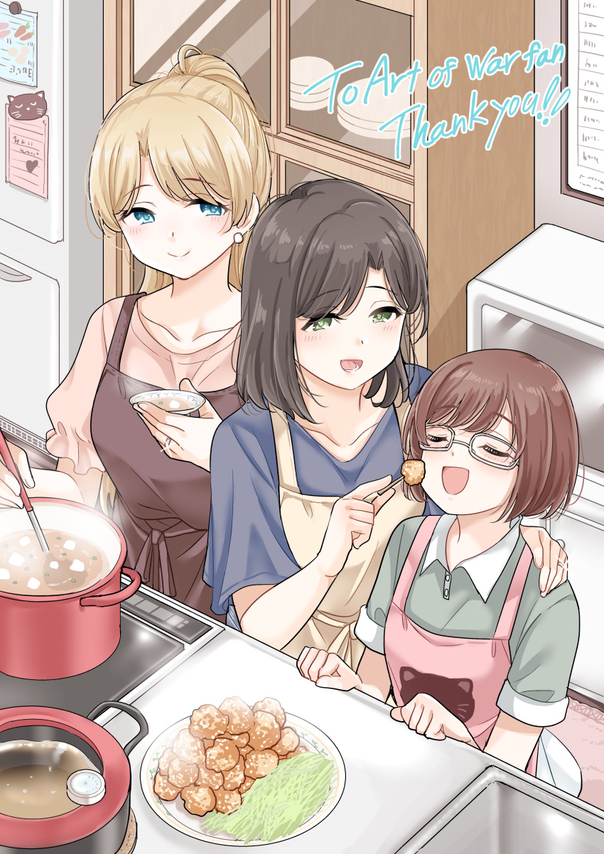 absurdres apron black_hair blonde_hair blue_eyes brown_hair closed_eyes commission cooking food glasses green_eyes highres jewelry kitchen miso_soup mother_and_daughter original ring skeb_commission takeshisu wedding_ring wife_and_wife yuri
