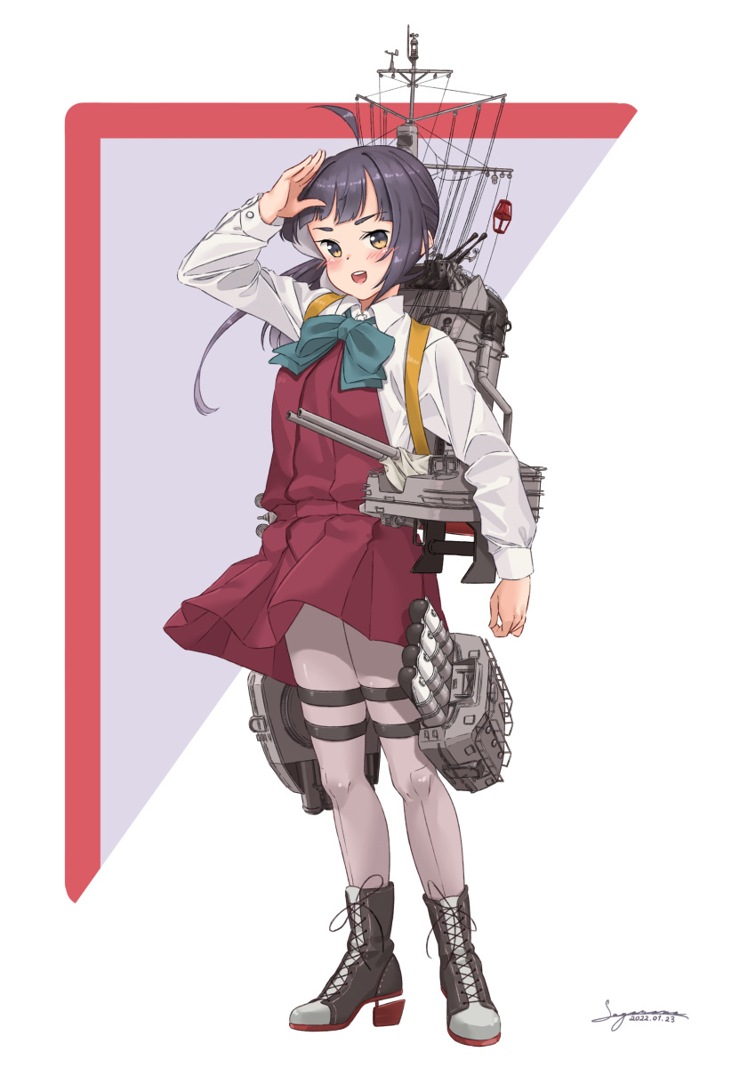 1girl :d absurdres ahoge boots cannon commentary cross-laced_footwear dated dress fujinami_(kancolle) full_body grey_hair grey_pantyhose highres kantai_collection lace-up_boots long_hair long_sleeves looking_at_viewer machinery mast pantyhose purple_dress purple_hair sagoromo_04 salute school_uniform shirt side_ponytail signature sleeveless sleeveless_dress smile smokestack solo turret white_shirt yellow_eyes
