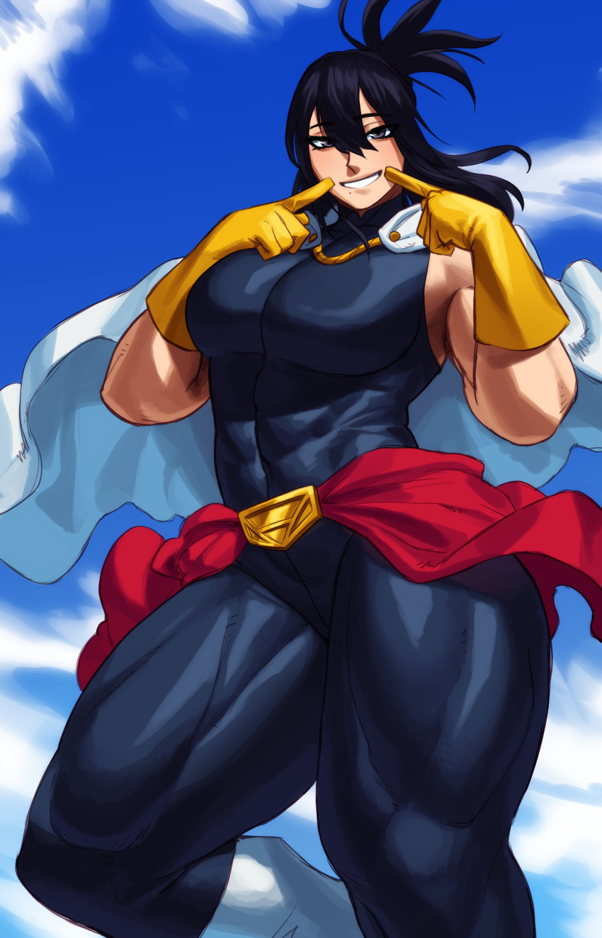 1girl abs absurdres belt_buckle black_hair blue_sky boku_no_hero_academia boots breasts buckle cape clouds cloudy_sky gloves hair_between_eyes highres large_breasts muscular muscular_female shimura_nana skin_tight sky sleeveless smile solo sotcho thighs waist_cape white_cape white_footwear yellow_gloves