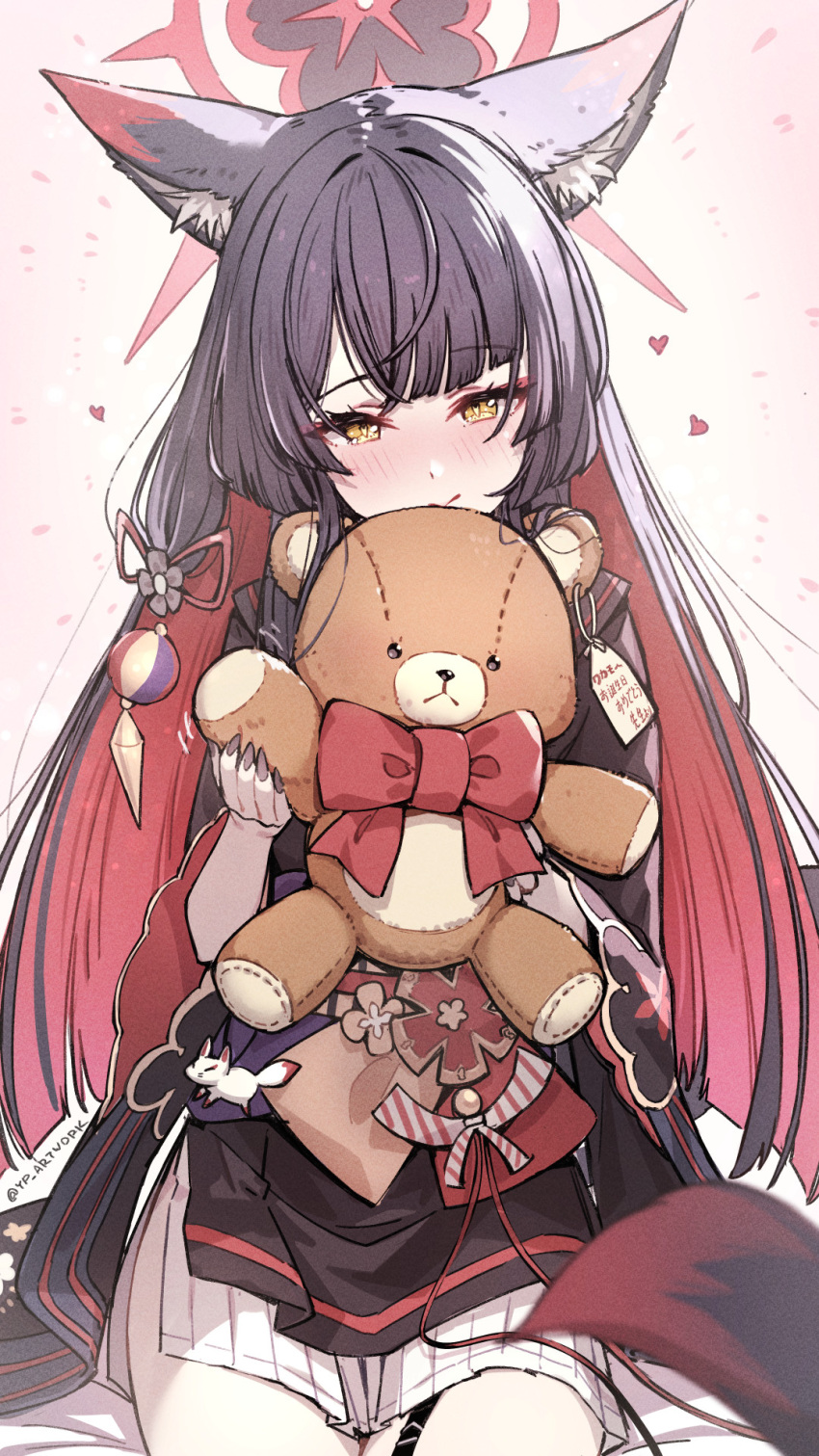 1girl animal_ear_fluff animal_ears black_hair black_kimono black_nails blue_archive blush closed_mouth colored_inner_hair commentary_request fingernails fox_ears fox_tail halo heart heart-shaped_pupils highres holding holding_stuffed_toy japanese_clothes kimono long_hair looking_at_viewer multicolored_hair nail_polish pleated_skirt redhead sharp_fingernails short_kimono side_slit sitting skirt smile solo stuffed_animal stuffed_toy symbol-shaped_pupils tail teddy_bear twitter_username very_long_hair wakamo_(blue_archive) white_skirt yellow_eyes yellowpaint.