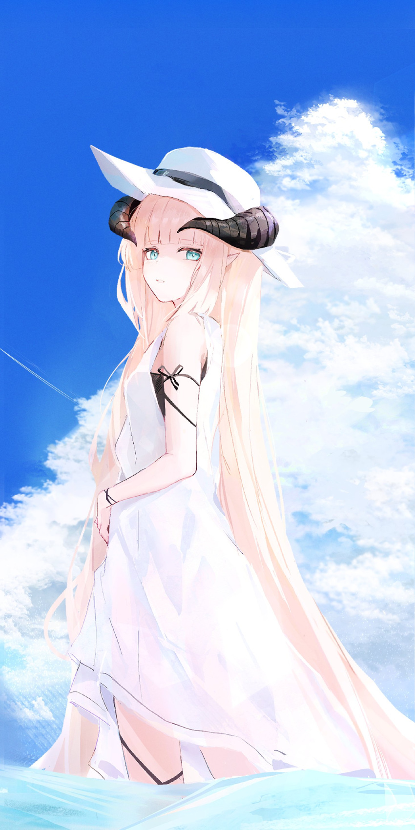 1girl absurdres alternate_costume arknights black_shirt blonde_hair blue_eyes blue_sky breasts clouds commentary demon_girl demon_horns dress from_side hat highres horns long_hair looking_at_viewer nightingale_(arknights) ocean outdoors pointy_ears shirt sikinose_val sky sleeveless sleeveless_dress small_breasts solo sun_hat thigh_strap undershirt very_long_hair wading white_dress white_headwear