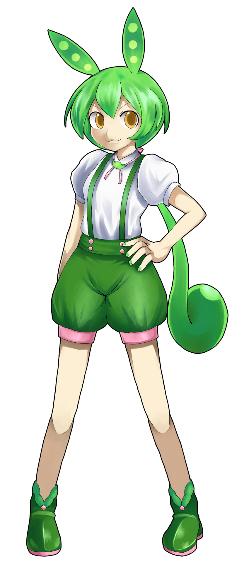 1girl :3 absurdres boots closed_mouth commentary_request flat_chest full_body green_footwear green_hair green_nails green_shorts green_suspenders hand_on_own_hip highres kei_(keigarou)_(style) long_hair looking_at_viewer low_ponytail parody pea_pod pigeon-toed puffy_short_sleeves puffy_shorts puffy_sleeves shirt short_sleeves shorts simple_background smile solo standing style_parody suspender_shorts suspenders tachi-e transparent_background v-shaped_eyebrows very_long_hair vocaloid vocaloid_boxart_pose voicevox white_shirt winterufomance yellow_eyes zundamon