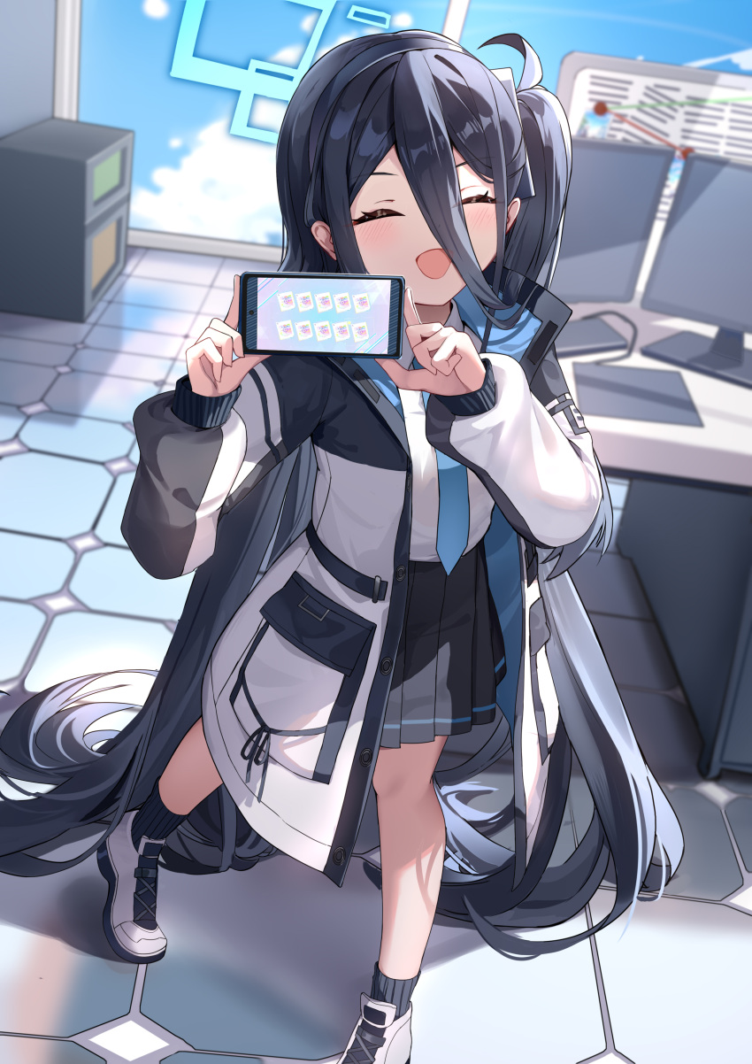 1girl absurdly_long_hair absurdres aris_(blue_archive) black_hair black_skirt black_socks blue_archive blue_halo blue_necktie cellphone closed_eyes collared_shirt commentary_request facing_viewer full_body gacha hair_between_eyes halo hands_up happy highres holding holding_phone indoors jacket long_bangs long_hair long_sleeves monitor necktie open_clothes open_jacket open_mouth phone pleated_skirt pomegranate_nana school_uniform shirt shirt_tucked_in shoes side_ponytail skirt smartphone smile socks solo standing table very_long_hair white_footwear white_shirt