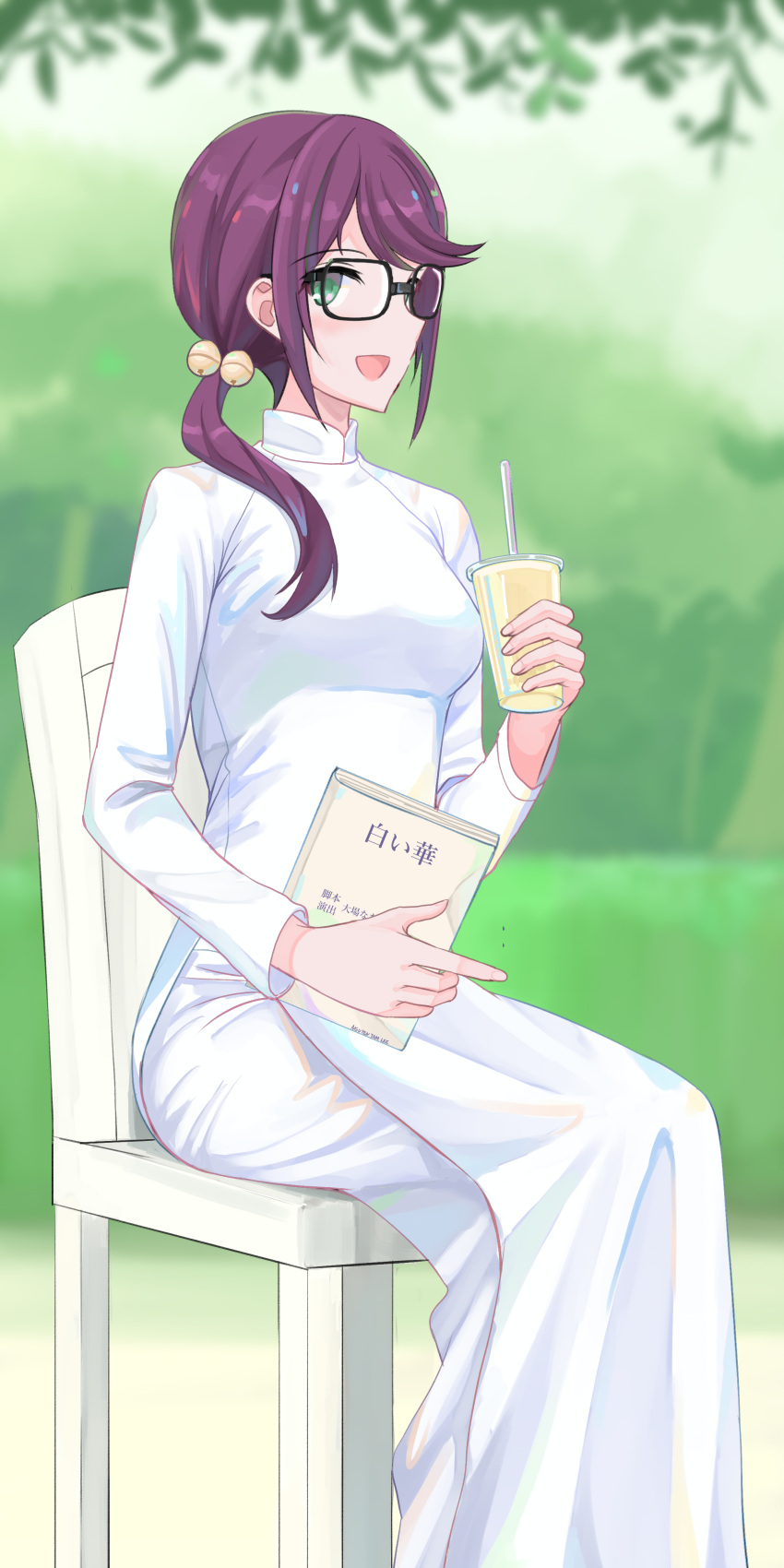 1girl absurdres bell book chair commentary cup disposable_cup drinking_straw glasses green_eyes hair_bell hair_ornament highres holding holding_book holding_cup hoshimi_junna leaf nguyen_tam_lee pants purple_hair shoujo_kageki_revue_starlight sitting solo vietnamese_clothes vietnamese_dress white_pants