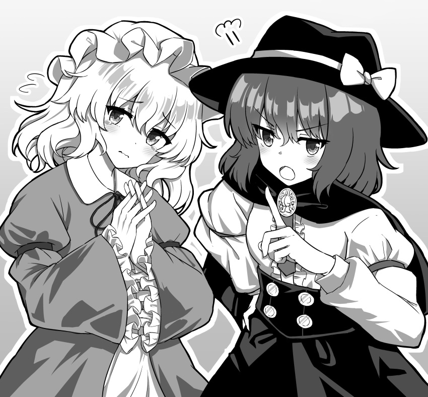 2girls :o absurdres adapted_costume annoyed black_skirt bow brooch buttons cape center_frills commentary_request dress fedora frilled_sleeves frills greyscale hand_on_own_hip hat hat_bow highres interlocked_fingers jewelry juliet_sleeves kabi_killer long_sleeves medium_hair mob_cap monochrome multiple_girls neck_ribbon necktie pointing puffy_sleeves ribbon skirt touhou upper_body usami_renko v-shaped_eyebrows wide_sleeves