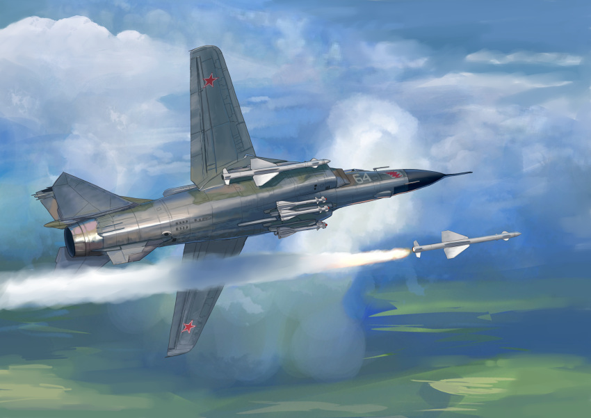 absurdres aircraft airplane canopy_(aircraft) clouds contrail fighter_jet flying from_below highres jet mig-23 military_vehicle mirroraptor missile no_humans original russian_commentary sky soviet_air_force star_(symbol) vehicle_focus