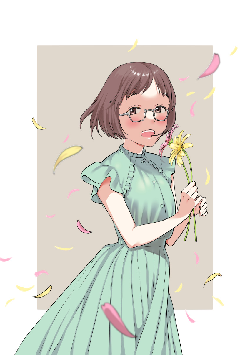 1girl :d absurdres brown_background brown_eyes brown_hair commission dress english_commentary flower glasses green_dress highres holding holding_flower mimi_(ricky_barnes) original petals sato_(99yen_kin'itsu) short_hair short_sleeves skeb_commission smile solo standing two-tone_background white_background