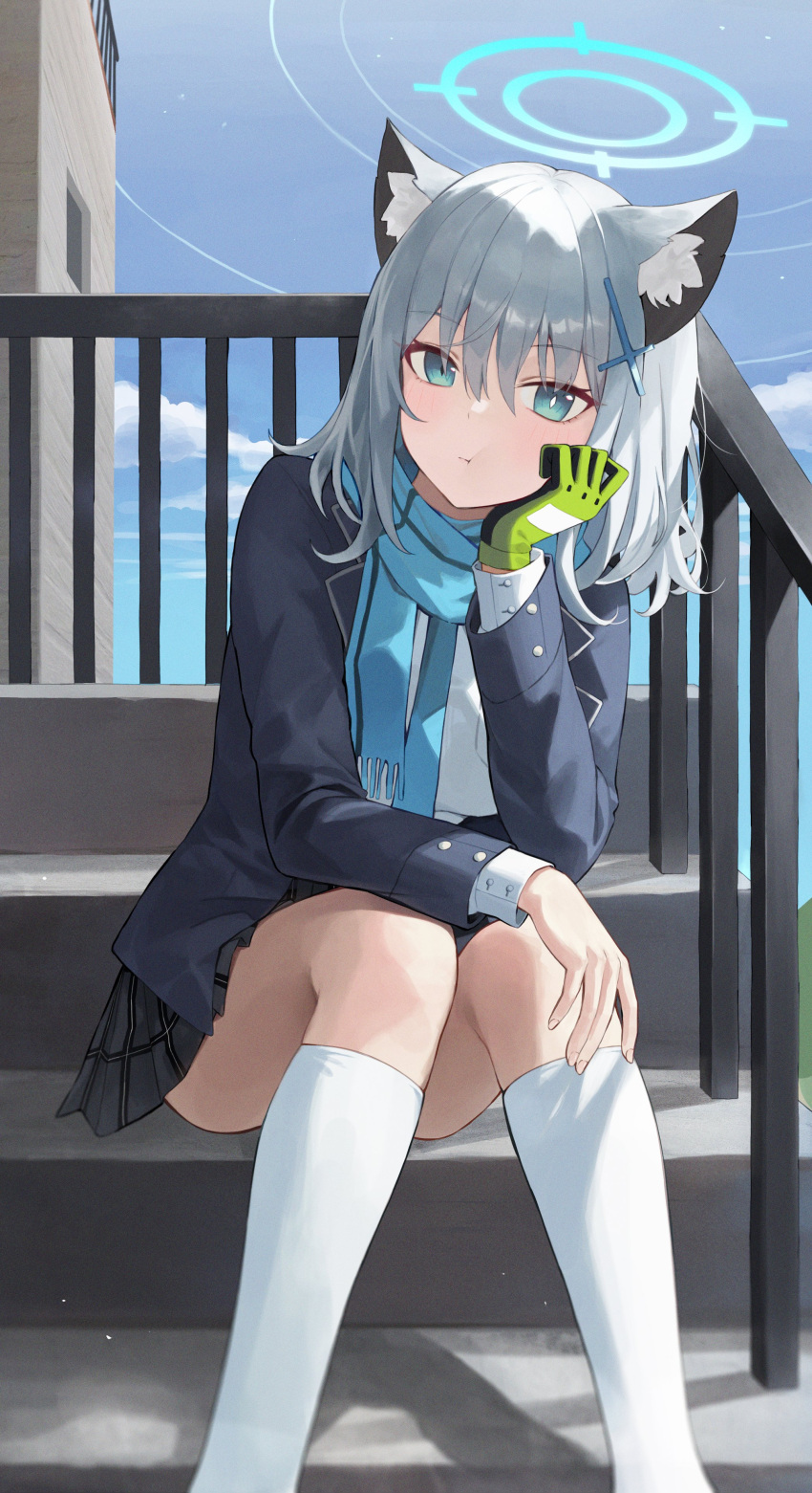 1girl absurdres animal_ear_fluff animal_ears aqua_eyes arm_support black_skirt blue_archive blue_scarf blue_sky bright_pupils clouds cloudy_sky cross_hair_ornament gloves green_gloves grey_hair hair_between_eyes hair_ornament halo highres kneehighs long_sleeves looking_at_viewer medium_hair mismatched_pupils outdoors pout scarf school_uniform shiroko_(blue_archive) shirt sidelocks single_glove sitting skirt sky socks solo stairs white_pupils white_shirt white_socks wolf_ears wolf_girl yeorem