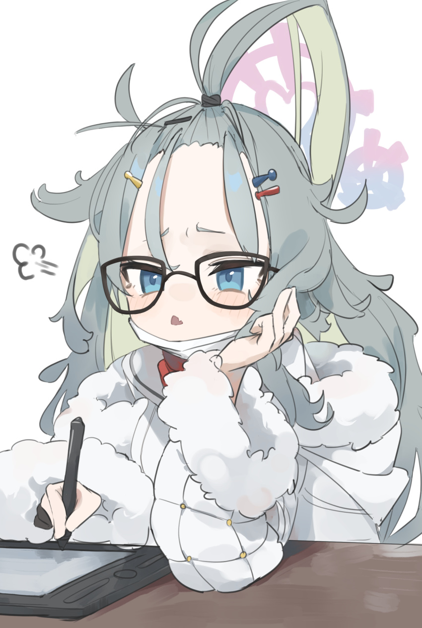 1girl absurdres ahoge ainkun black-framed_eyewear blue_archive blue_eyes blush coat commentary_request drawing_tablet fur-trimmed_coat fur_trim glasses green_hair hair_ornament hairclip halo hand_up highres holding holding_stylus hood hood_down hooded_coat huge_ahoge mask mask_around_neck meru_(blue_archive) open_mouth pink_halo sailor_collar shirt simple_background solo stylus turtleneck white_background white_coat white_sailor_collar white_shirt