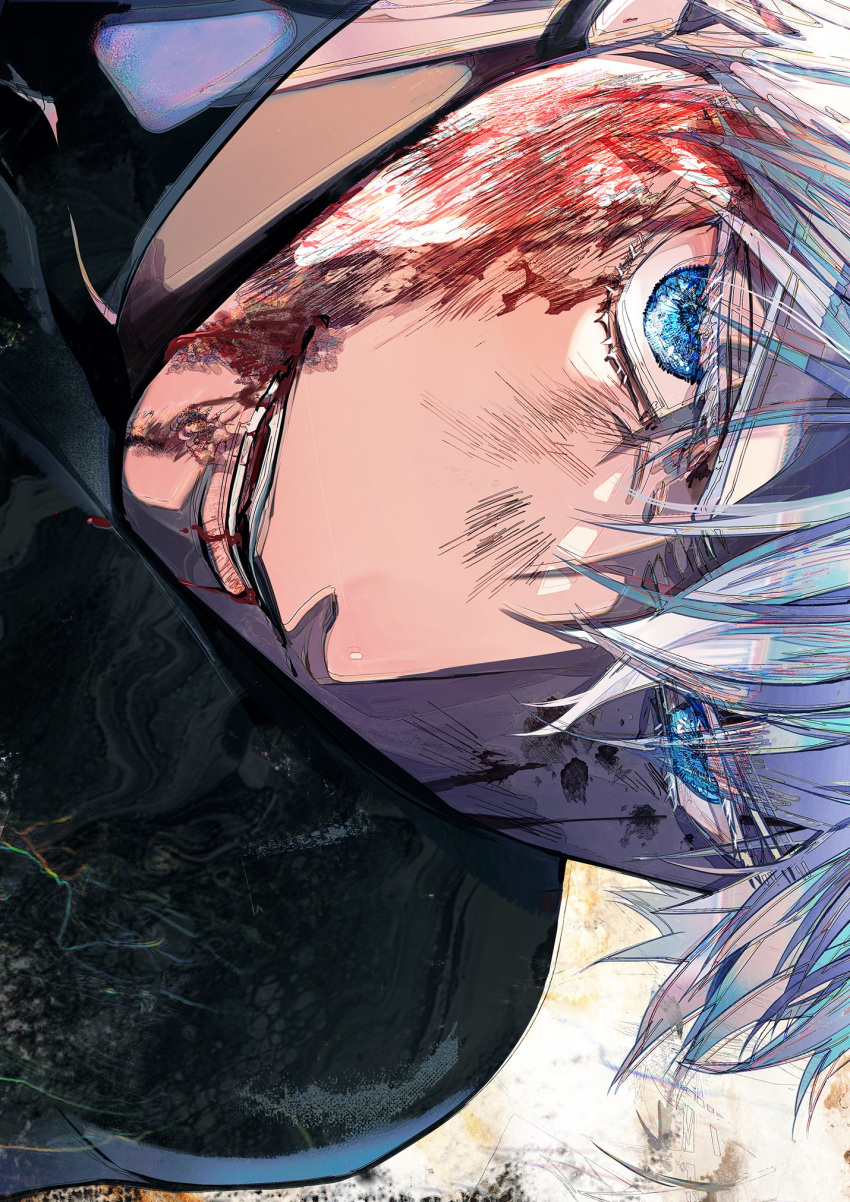 1boy black_jacket blood blood_from_mouth blood_on_face blue_eyes gojou_satoru highres jacket jujutsu_kaisen looking_at_viewer male_focus open_mouth s_o_i short_hair sideways smile solo upper_body white_hair yellow_background