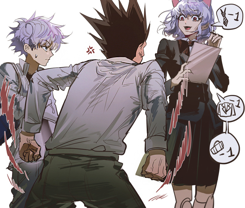1other 2boys alternate_costume anger_vein animal_ears cat_ears chimera_ant corraboar curly_hair dress feet_out_of_frame from_below gon_freecss highres hunter_x_hunter jitome joints killua_zoldyck looking_at_another multiple_boys neferpitou short_hair smile smug spoken_object standing white_hair