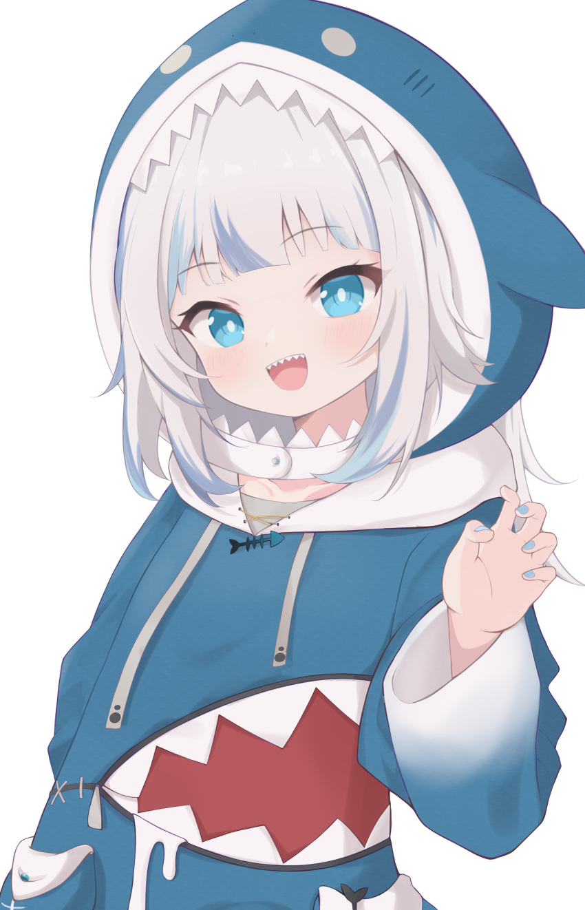 1girl absurdres animal_costume animal_hood blue_eyes blue_hair blue_hoodie blue_nails blush claw_pose commentary gawr_gura gawr_gura_(1st_costume) grey_hair highres hololive hololive_english hood hood_up hoodie long_hair long_sleeves looking_at_viewer multicolored_hair nail_polish open_mouth rokukarashi shark_costume shark_hood sharp_teeth simple_background solo streaked_hair teeth upper_teeth_only virtual_youtuber white_background wide_sleeves