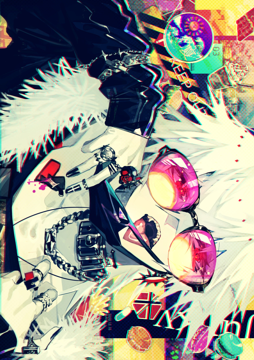 1boy absurdres black_coat bracelet chromatic_aberration coat collar earrings fingernails fur-trimmed_coat fur_trim hair_between_eyes highres jewelry looking_at_viewer male_focus mask mouth_mask multiple_rings mura_karuki necklace open_mouth original pill pink-tinted_eyewear red_eyes ring scone sharp_teeth short_hair solo sunglasses teeth tinted_eyewear tongue tongue_out upper_body upper_teeth_only white_hair
