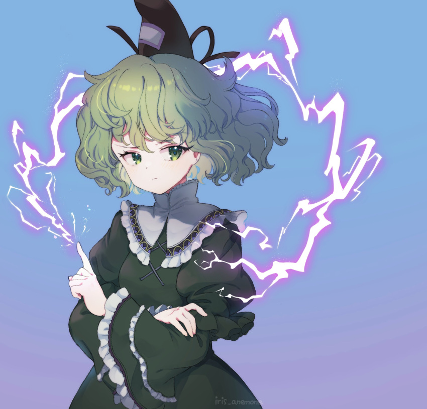 1girl absurdres black_headwear closed_mouth dress electricity frilled_sleeves frills green_dress green_eyes green_hair hat highres iris_anemone long_sleeves short_hair soga_no_tojiko solo tate_eboshi touhou upper_body wide_sleeves