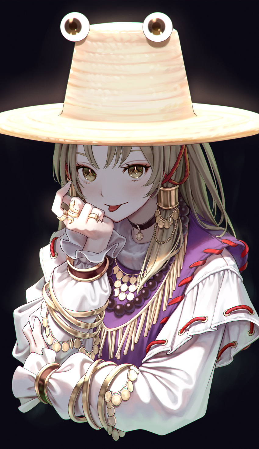 1girl absurdres adapted_costume bead_necklace beads black_background black_choker blonde_hair bracelet brown_headwear choker closed_mouth commentary highres jewelry long_sleeves looking_at_viewer medium_hair moriya_suwako necklace ring sidelocks simple_background solo tongue tongue_out torinari_(dtvisu) touhou yellow_eyes