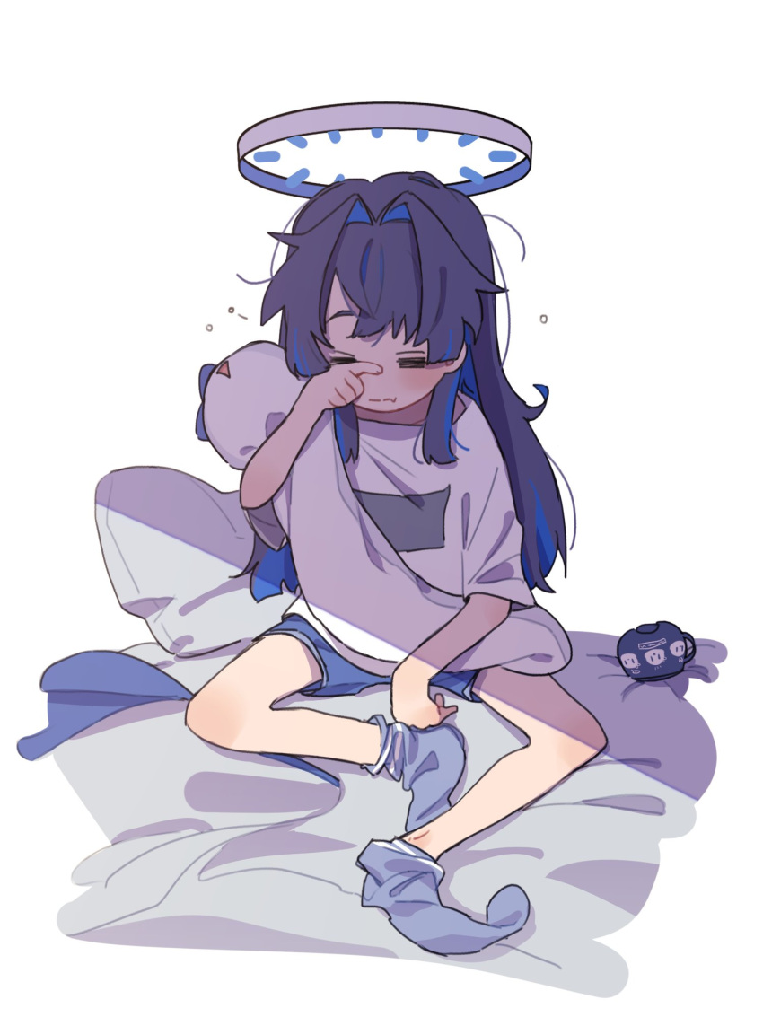 1girl bed_sheet blue_hair brmameng closed_eyes guy_tired_after_sex_(meme) halo highres hololive loose_socks meme ouro_kronii pillow rubbing_eyes shirt shorts socks solo waking_up white_background white_shirt