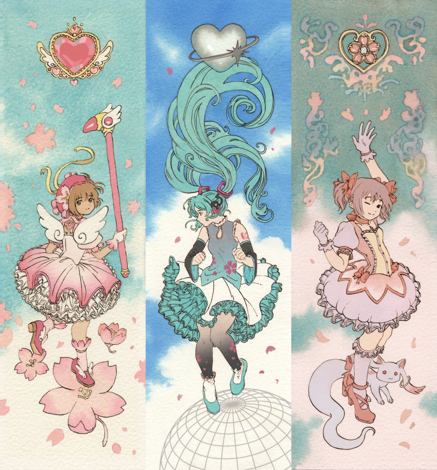 3girls absurdres arm_up blue_hair bow bow_choker brown_hair bubble_skirt cardcaptor_sakura chest_jewel choker detached_sleeves dress frilled_dress frilled_socks frills from_behind full_body fuuin_no_tsue gloves green_eyes hair_bow hatsune_miku high_heels highres holding holding_wand kaname_madoka kinomoto_sakura kneehighs kyubey long_hair looking_at_viewer magical_girl mahou_shoujo_madoka_magica multicolored_clothes multicolored_gloves multiple_girls one_eye_closed pantyhose patterned_clothing petals petticoat pink_bow pink_dress pink_gemstone pink_gloves pink_hair pink_headwear puffy_short_sleeves puffy_sleeves red_choker red_footwear russian_commentary short_hair short_sleeves skirt smile socks standing standing_on_one_leg traditional_media twintails very_long_hair vinsenta vocaloid wand white_gloves white_sleeves white_socks white_wings wide_sleeves wings