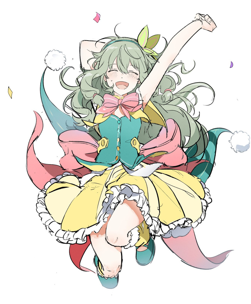1girl arms_up back_bow blush bow bowtie buttons closed_eyes confetti dress frilled_dress frills green_footwear green_hair green_hairband hairband highres iwatnc jumping kusanagi_nene long_hair open_mouth pink_bow pink_bowtie pom_pom_(clothes) project_sekai shoes simple_background smile solo very_long_hair white_background yellow_dress