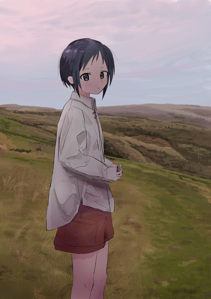 1girl absurdres alternate_costume black_eyes black_hair camera clouds cloudy_sky collared_shirt commentary_request expressionless feet_out_of_frame from_side grass highres hill holding holding_camera horizon kurosaki_honoka long_sleeves looking_at_viewer looking_to_the_side outdoors parted_lips red_shorts s_hoji_(lagh) shirt short_hair shorts sky solo standing twilight white_shirt yama_no_susume