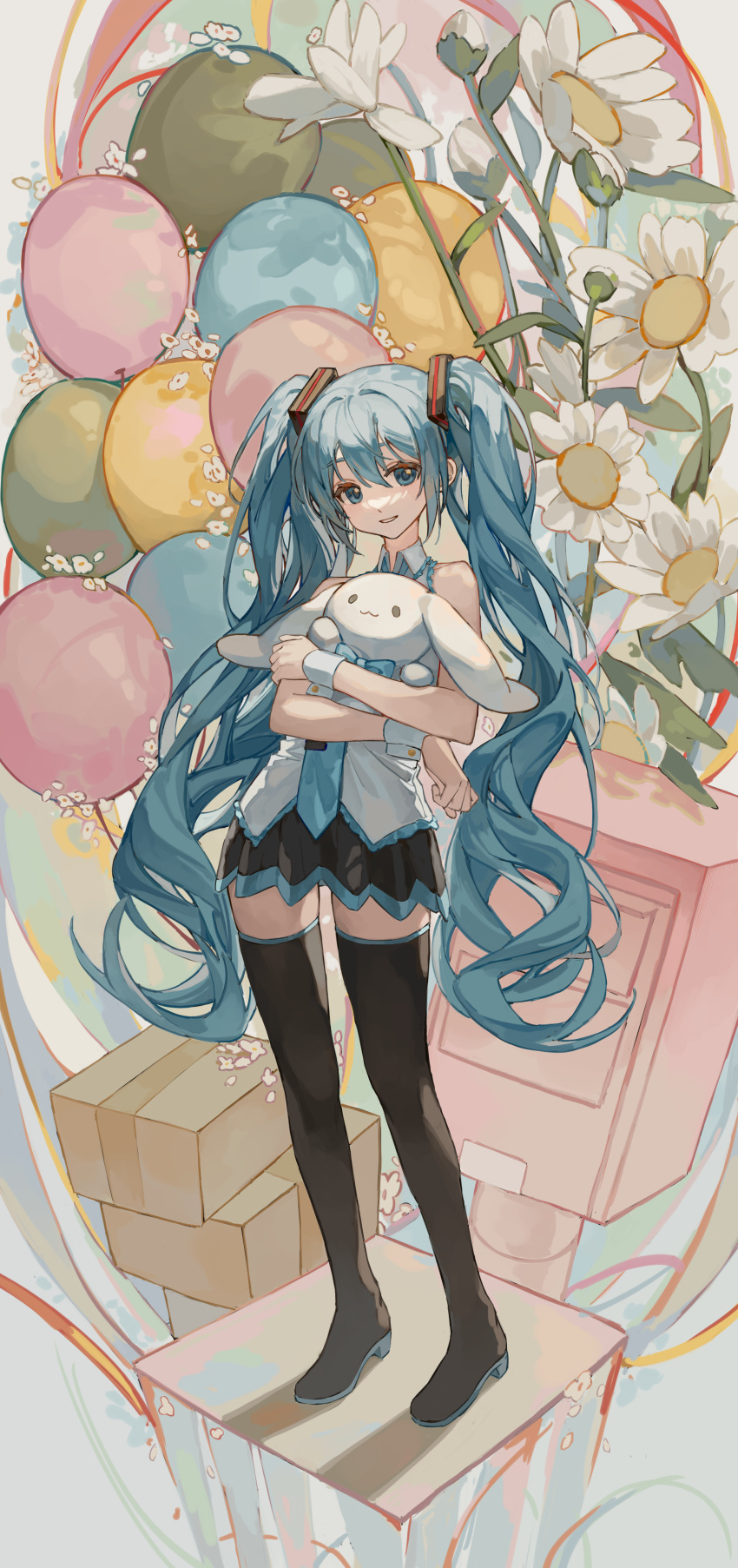 1girl absurdres balloon black_footwear black_skirt blue_eyes blue_hair blue_necktie boots box cardboard_box chun_sam collared_shirt commentary_request flower hair_between_eyes hatsune_miku highres hugging_object long_hair looking_at_viewer necktie pleated_skirt shirt skirt sleeveless sleeveless_shirt smile solo standing stuffed_animal stuffed_rabbit stuffed_toy thigh_boots tie_clip twintails very_long_hair vocaloid white_flower white_shirt wrist_cuffs