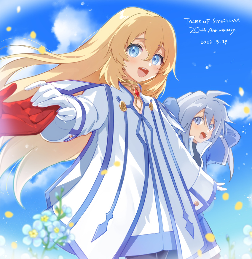 0x0_srnk 1girl 2boys anniversary arm_behind_head arm_up blonde_hair blue_eyes blue_flower blue_jacket blue_sky blue_trim clouds cloudy_sky colette_brunel commentary_request cowboy_shot dated day falling_petals flower genis_sage gloves grey_hair hair_between_eyes highres holding_hands jacket jewelry light_blush lloyd_irving long_hair long_sleeves looking_at_viewer multiple_boys neck_ring necklace open_mouth out_of_frame outdoors outstretched_arms outstretched_hand petals red_gloves robe short_sleeves shorts sky tales_of_(series) tales_of_symphonia teeth upper_teeth_only white_gloves white_robe