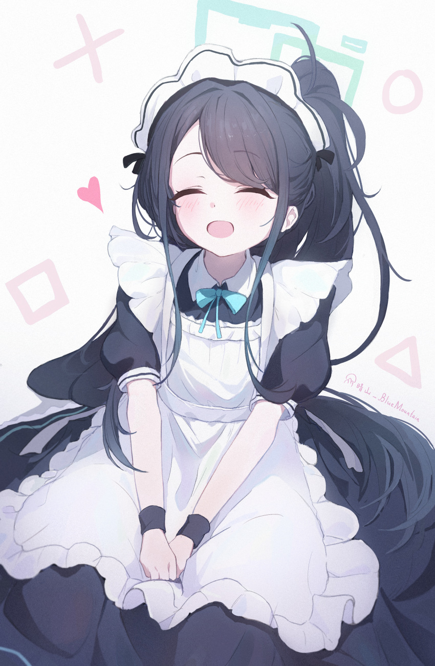 1girl absurdres apron aris_(blue_archive) aris_(maid)_(blue_archive) black_dress black_hair black_wristband blue_archive blue_ribbon blush closed_eyes commentary dress facing_viewer frilled_apron frills green_halo halo happy heart highres long_hair maid maid_apron maid_headdress neck_ribbon official_alternate_costume open_mouth own_hands_together ponytail puffy_short_sleeves puffy_sleeves qingshanbm ribbon short_sleeves sitting smile solo twitter_username very_long_hair white_apron