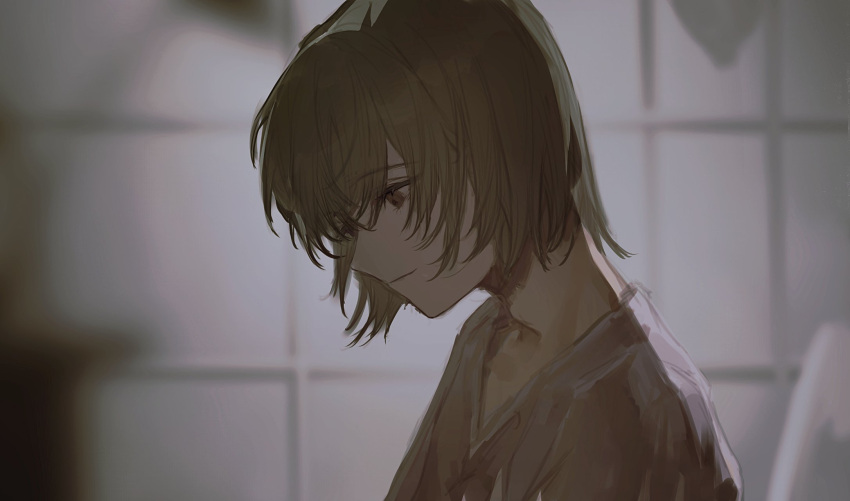 1boy brown_eyes giovanni_(project_moon) green_eyes highres indoors lobotomy_corporation looking_down male_focus muted_color parted_lips project_moon shirt short_hair solo sona_(lnjixn) tile_wall tiles upper_body white_shirt