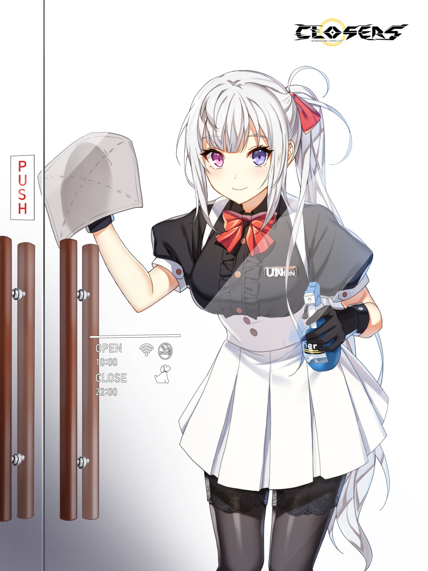 1girl against_glass alternate_hair_color badge bai_winchester black_gloves black_shirt black_thighhighs bottle bow bowtie breasts center_frills cleaning closed_mouth closers collared_shirt copyright_name cowboy_shot door_handle frills glass_door gloves hair_bow hands_up heterochromia high-waist_skirt highres holding holding_bottle holding_rag lace-trimmed_thighhighs leaning_forward logo long_hair looking_at_viewer medium_breasts miniskirt official_art pink_eyes pleated_skirt ponytail puffy_short_sleeves puffy_sleeves red_bow red_bowtie shirt short_sleeves sidelocks skirt smile solo spray_bottle suspender_skirt suspenders thigh-highs underbust very_long_hair violet_eyes waitress white_background white_hair white_skirt wiping