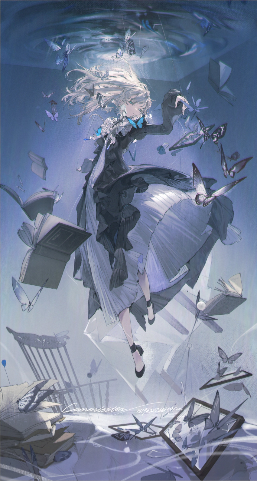 1girl absurdres black_dress black_footwear blue_butterfly book bow bug butterfly chair closed_mouth dress floating floating_hair floating_object full_body genzaw grey_hair highres long_dress long_hair long_sleeves open_book original solo water white_dress