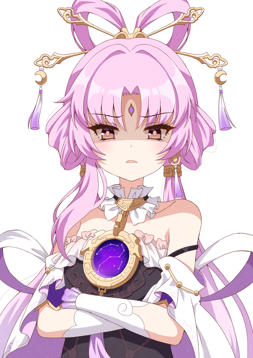1girl absurdres chinese_commentary crossed_arms earrings flat_chest forehead_jewel frills fu_xuan_(honkai:_star_rail) hair_intakes hair_ornament hair_stick highres honkai:_star_rail honkai_(series) jewelry light_blush long_hair looking_at_viewer numi_(dhsnal0524) off_shoulder parted_lips pink_hair single_earring solo tassel upper_body very_long_hair